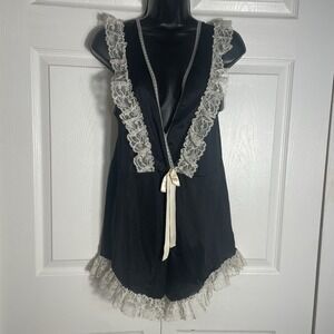 Vintage Elizabeth Of NY Teddy Women Small Black Beige Lace Trim 90s Bodysuit Bow